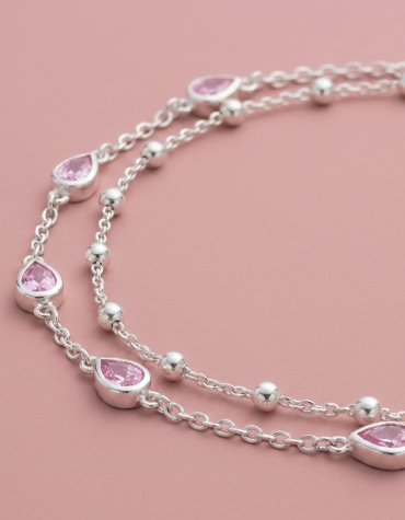 Pulsera doble Plata 925 Mini esferas y Circonias Rosadas