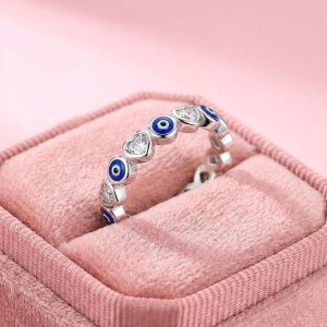 Anillo Ojos Turcos y Corazones en Plata 925 con circonias talle 17 mm