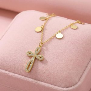 Collar de Oro Ley con dije de Cruz y zirconias engastadas