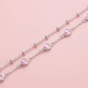 Pulsera de cadena doble en Plata 925 con zirconias rosas en gota y esferas de plata